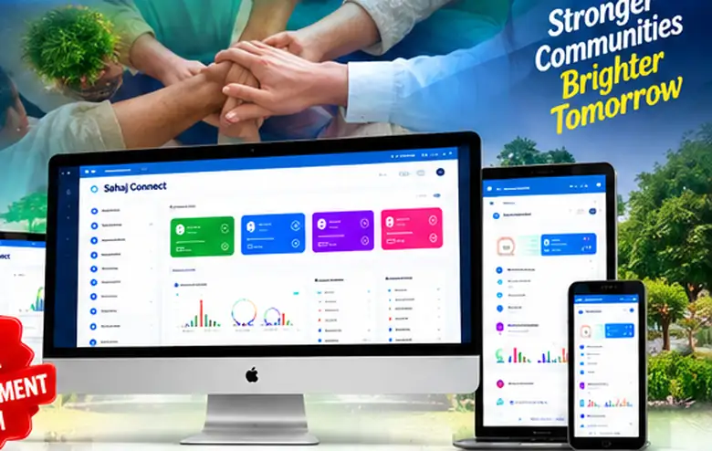People joining hands, with the Sahaj Connect organisation management platform shown on computer, tablet and phone